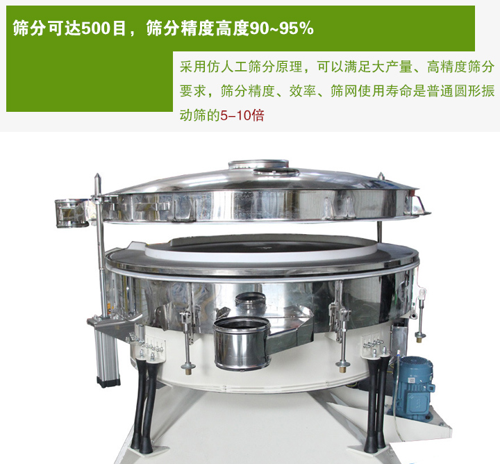 搖擺篩分機(jī)采用仿人工篩分原理，可以滿足大產(chǎn)量、高精度篩分 要求，篩分精度、效率、篩網(wǎng)使用壽命是普通圓形振 動(dòng)篩的5-10倍
